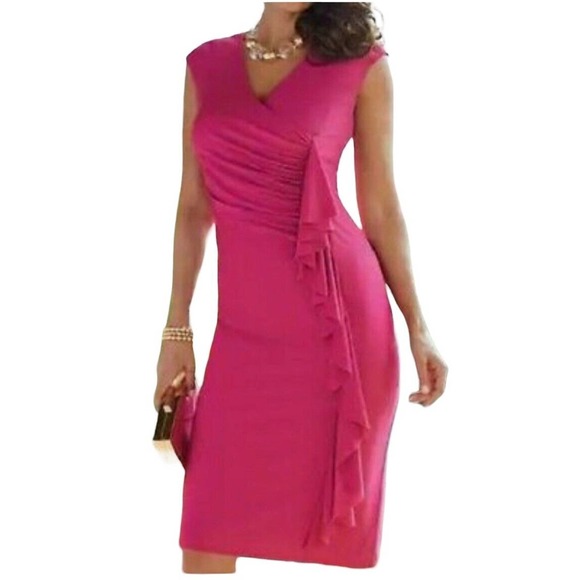 Midnight Velvet Dresses & Skirts - Midnight Velvet Stretchy Fuchsia Pink Ruffle Ruched Desk to Dinner Party Dress